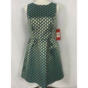 Carmen Marc Valvo Green Dress Gold Flower Women Si